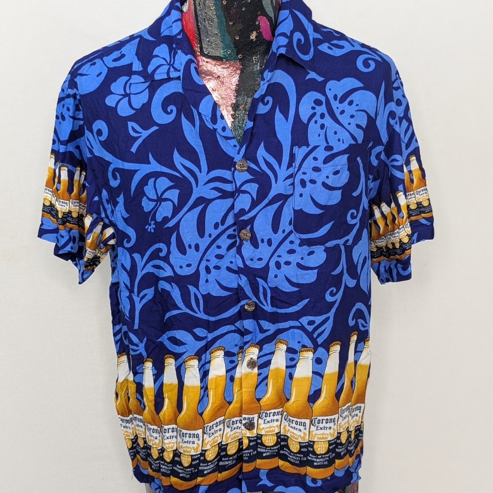 Corona Extra Hawaiian Shirt Mens L Blue Tribal Floral Short Sleeve Camp Beer